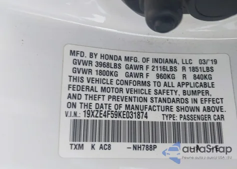 2019 Honda Insight Ex from USA, damaged, VIN 19XZE4F59KE031874